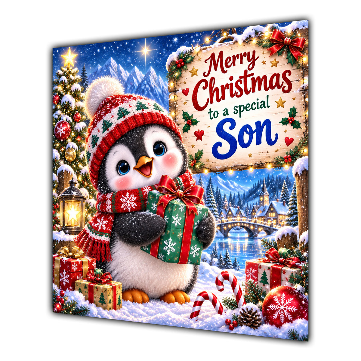 Son Christmas Card Cute Penguin Winter Hat and Gifts - unpersonalised 15 cm square matte greeting card