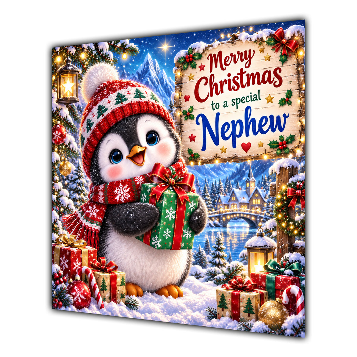 Nephew Christmas Card Cute Penguin Winter Hat and Gifts - unpersonalised 15 cm square matte greeting card