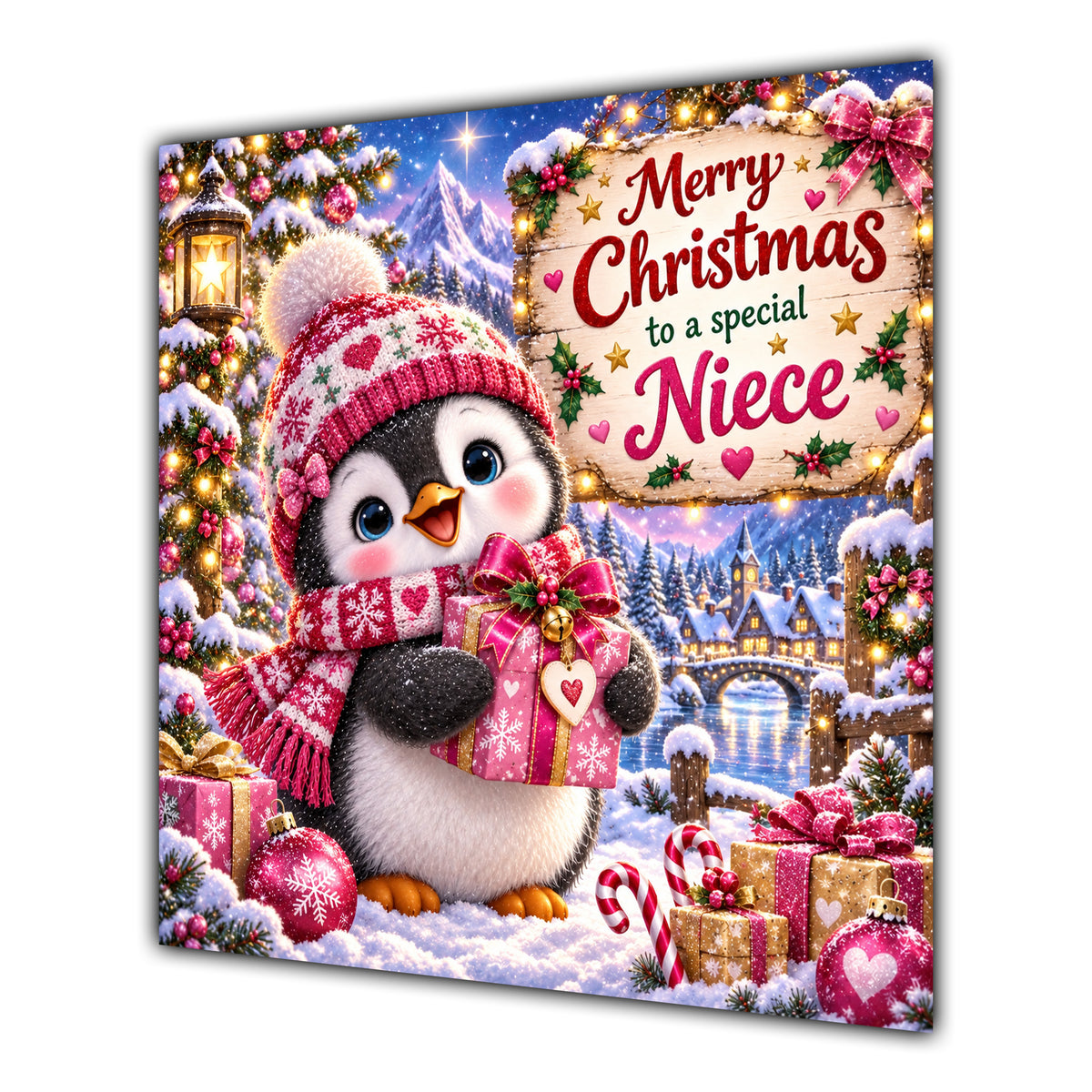 Niece Christmas Card Cute Penguin Winter Hat and Gifts - unpersonalised 15 cm square matte greeting card