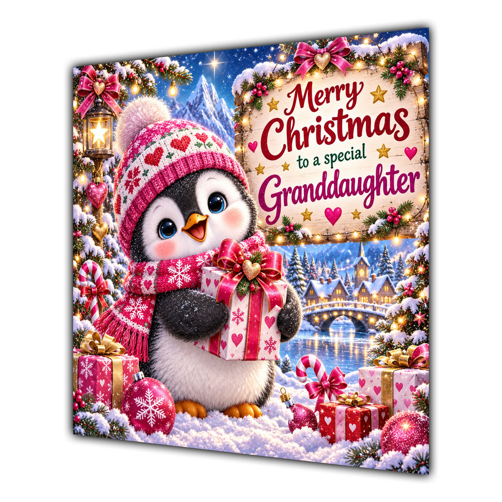 Granddaughter Christmas Card Cute Penguin Winter Hat and Gifts - unpersonalised 15 cm square matte greeting card