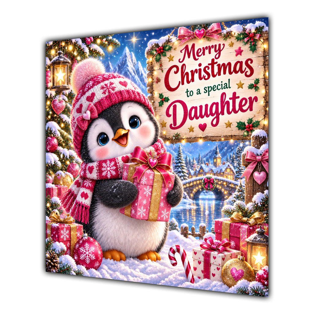 Daughter Christmas Card Cute Penguin Winter Hat and Gifts - unpersonalised 15 cm square matte greeting card