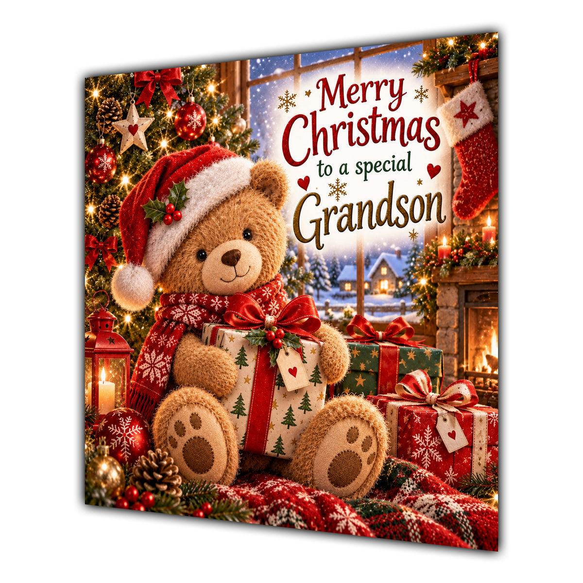 Grandson Christmas Card Teddy Bear Santa Hat Christmas Present - unpersonalised 15 cm square matte greeting card