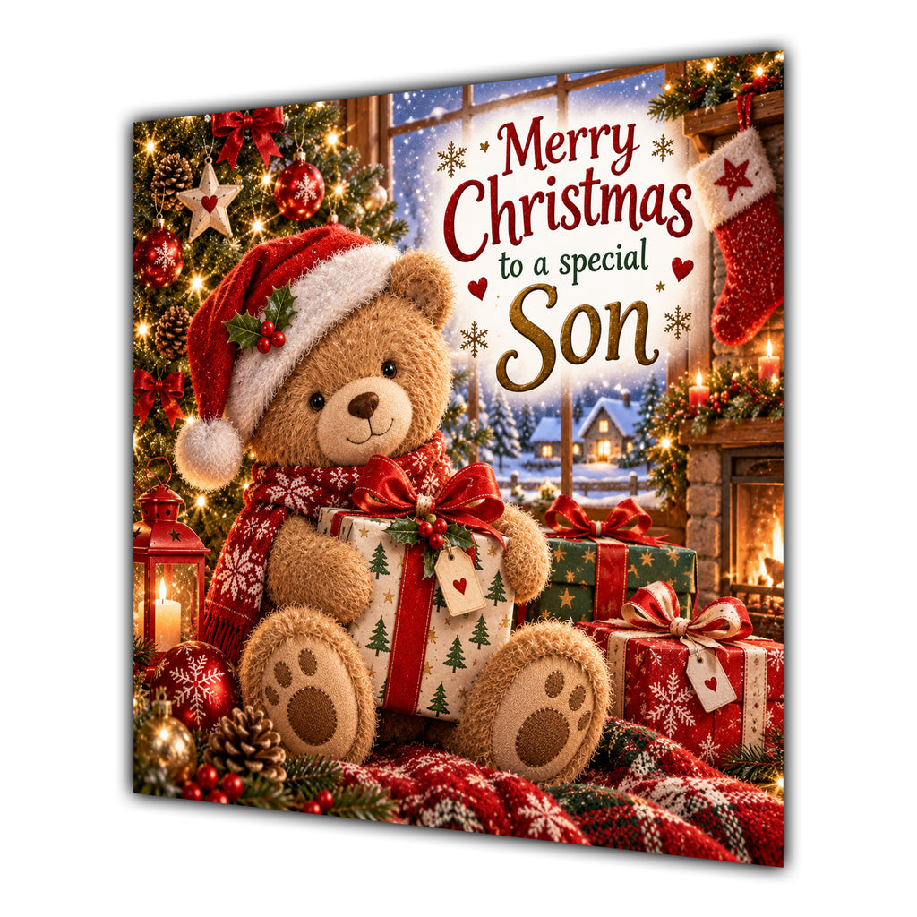 Son Christmas Card Teddy Bear Santa Hat Christmas Present - unpersonalised 15 cm square matte greeting card