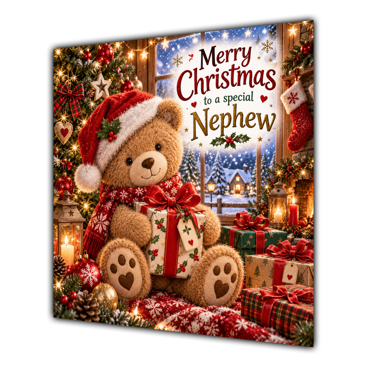 Nephew Christmas Card Teddy Bear Santa Hat Christmas Present - unpersonalised 15 cm square matte greeting card