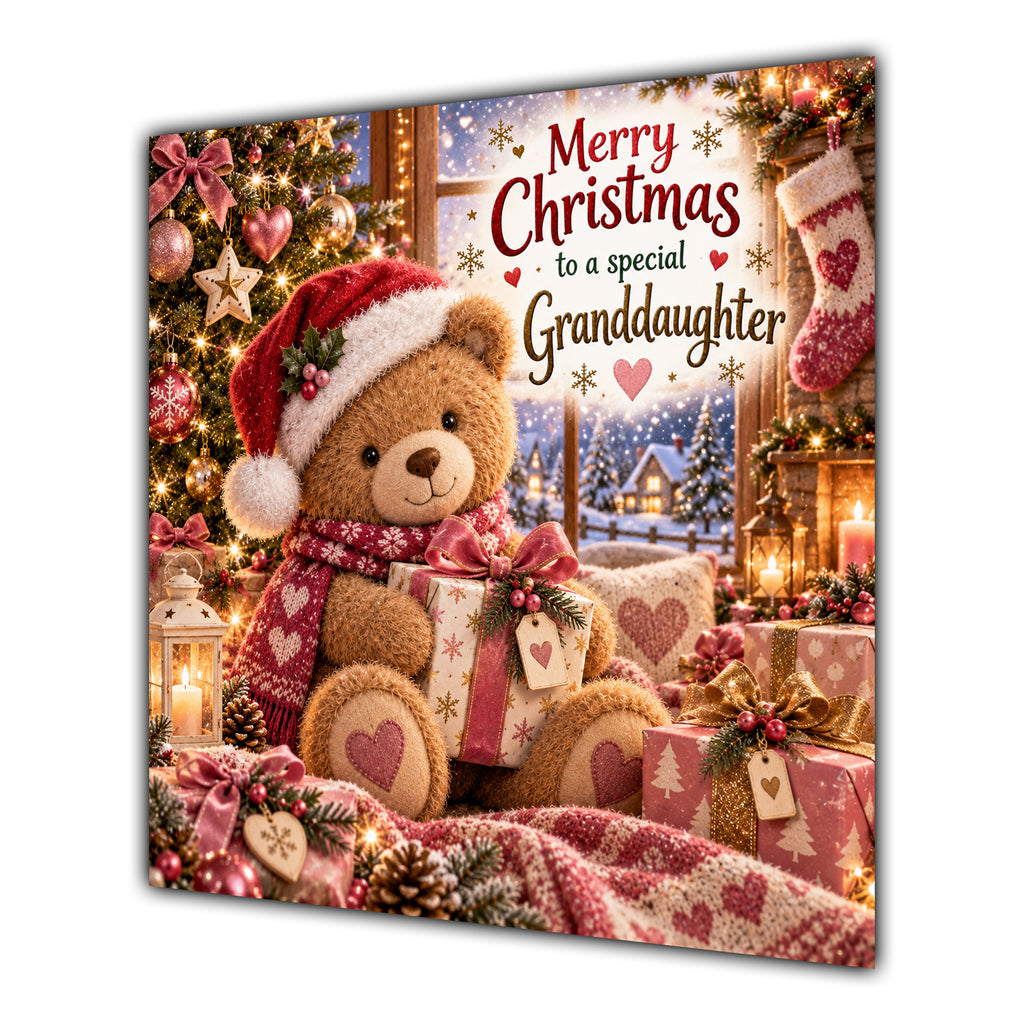 Granddaughter Christmas Card Teddy Bear Santa Hat Christmas Present - unpersonalised 15 cm square matte greeting card