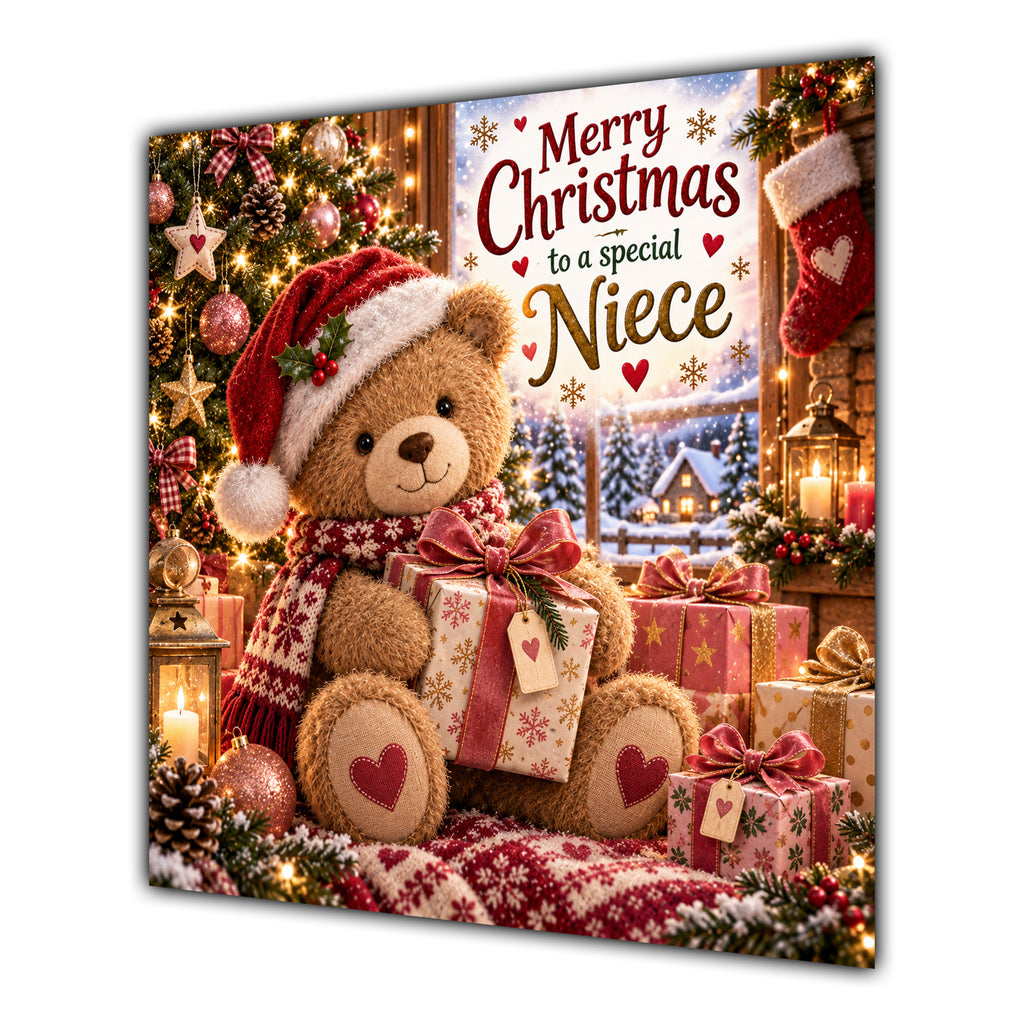Niece Christmas Card Teddy Bear Santa Hat Christmas Present - unpersonalised 15 cm square matte greeting card