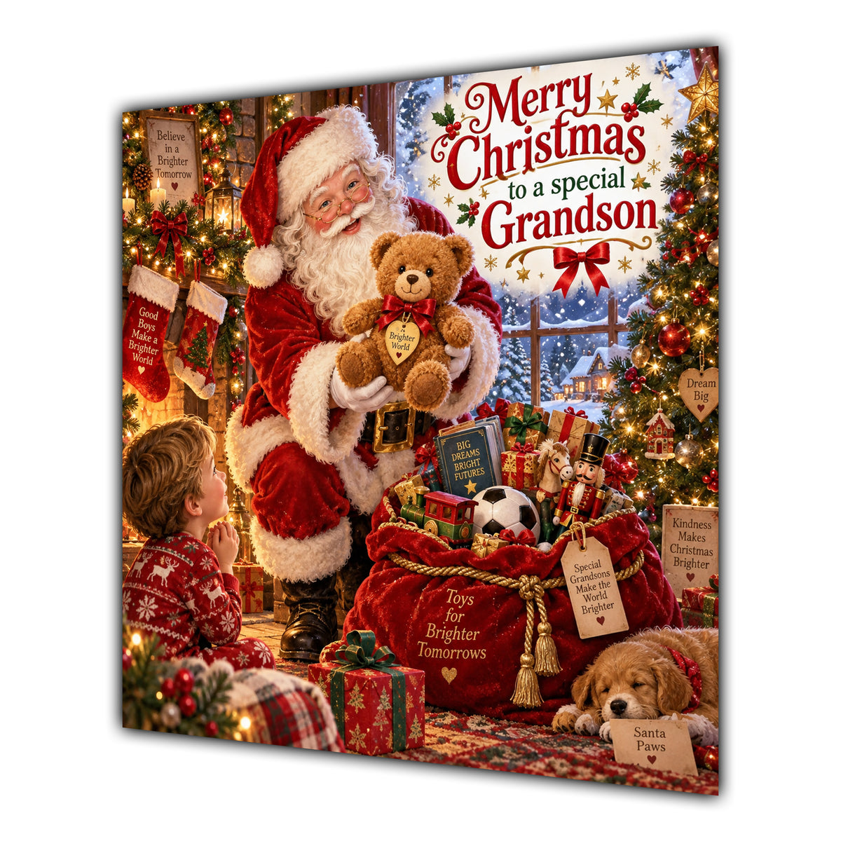 Grandson Christmas Card Santa Claus Teddy Bear and Toy Sack - unpersonalised 15 cm square matte greeting card