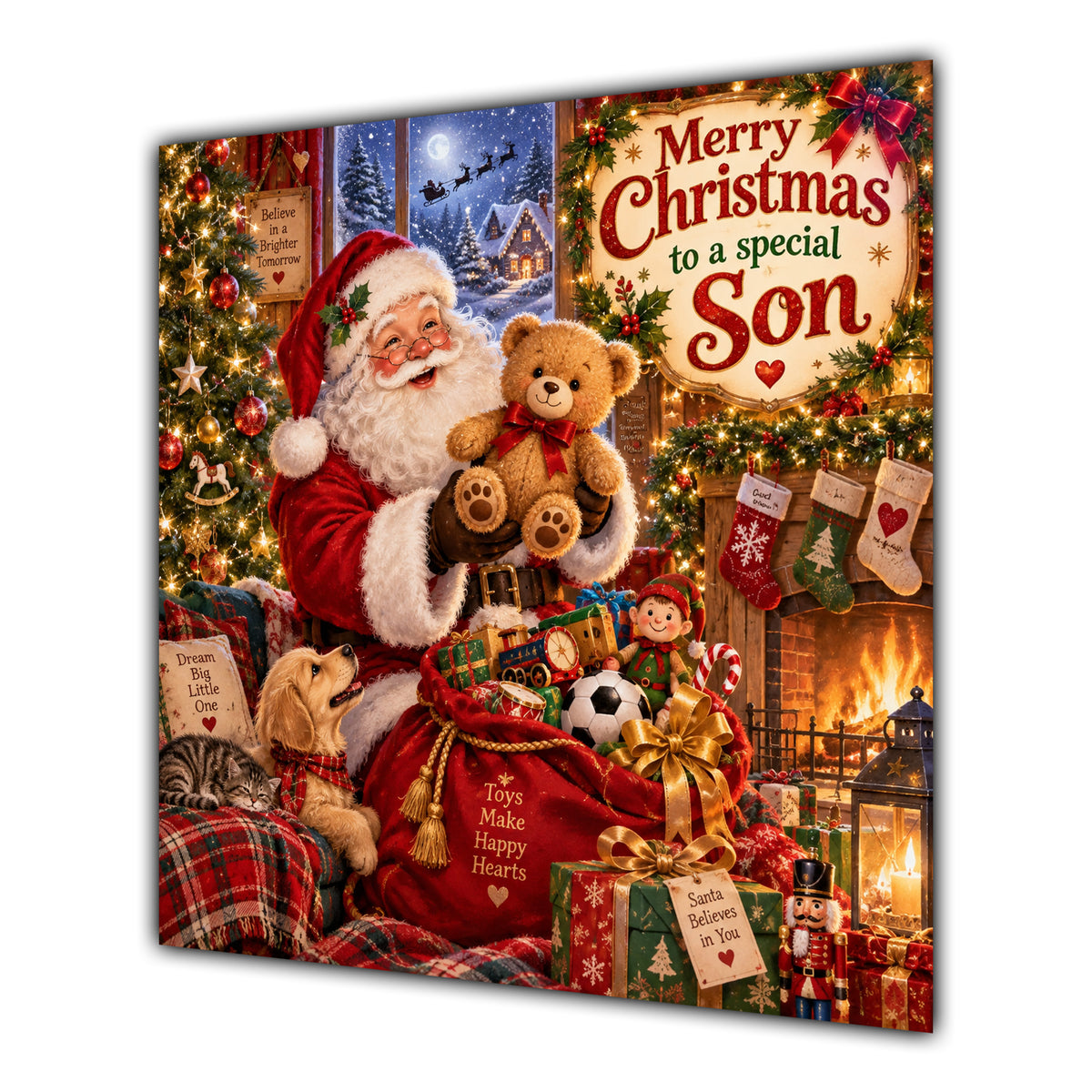 Son Christmas Card Santa Claus Teddy Bear and Toy Sack - unpersonalised 15 cm square matte greeting card