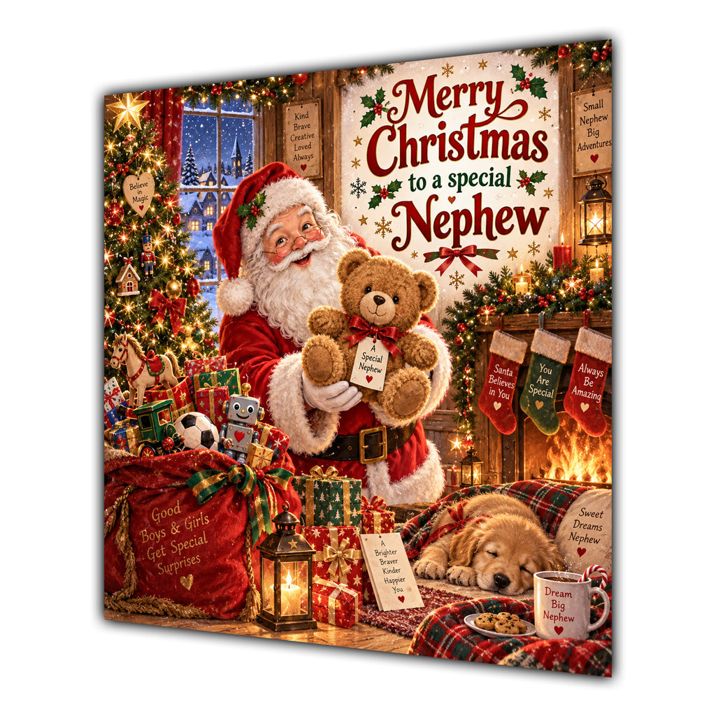 Nephew Christmas Card Santa Claus Teddy Bear and Toy Sack - unpersonalised 15 cm square matte greeting card