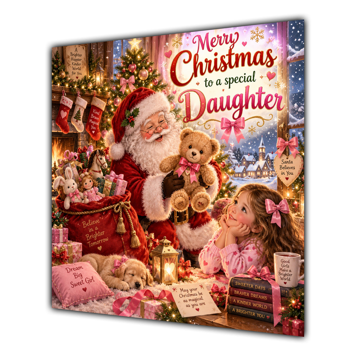 Daughter Christmas Card Santa Claus Teddy Bear and Toy Sack - unpersonalised 15 cm square matte greeting card