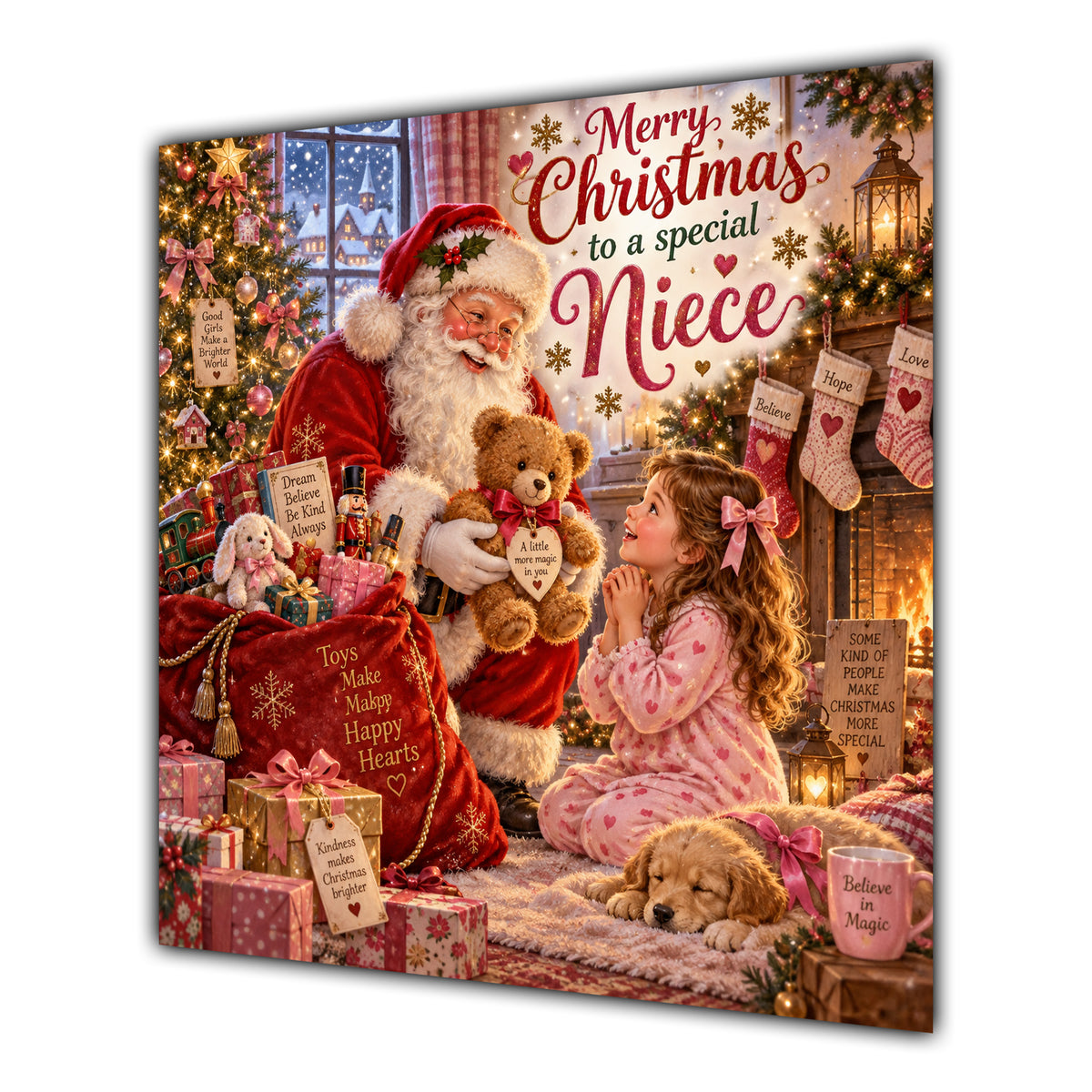 Niece Christmas Card Santa Claus Teddy Bear and Toy Sack - unpersonalised 15 cm square matte greeting card
