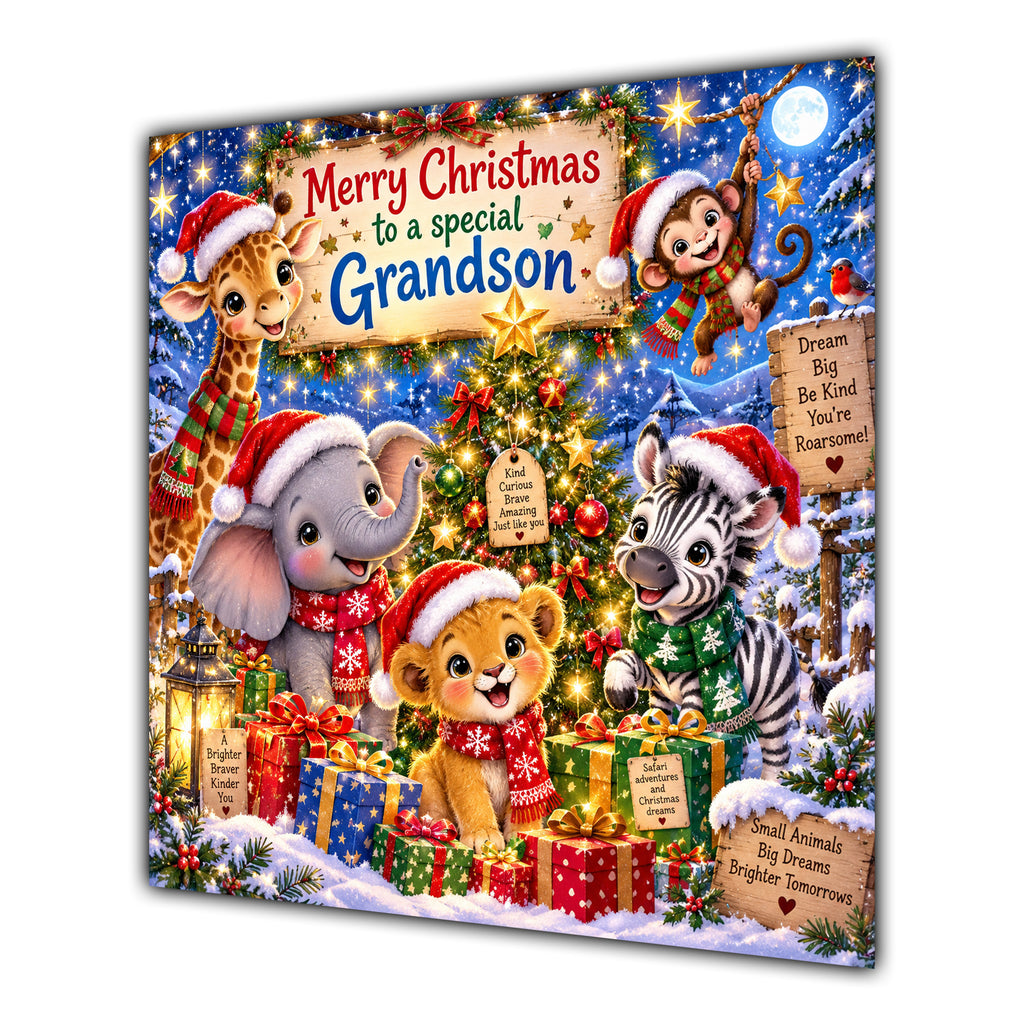 Grandson Christmas Card Cute Safari Animals Christmas Gifts - unpersonalised 15 cm square matte greeting card