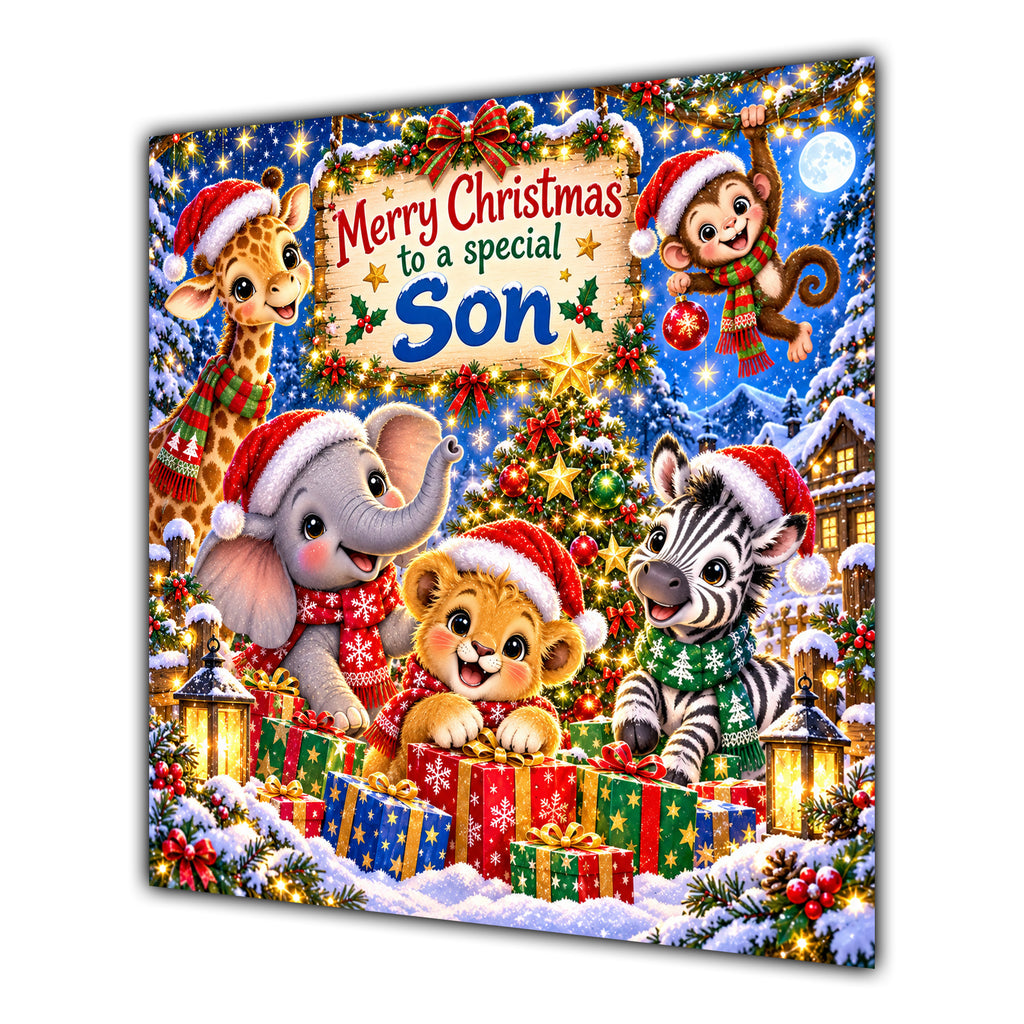 Son Christmas Card Cute Safari Animals Christmas Gifts - unpersonalised 15 cm square matte greeting card