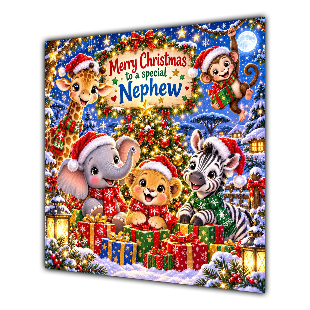 Nephew Christmas Card Cute Safari Animals Christmas Gifts - unpersonalised 15 cm square matte greeting card