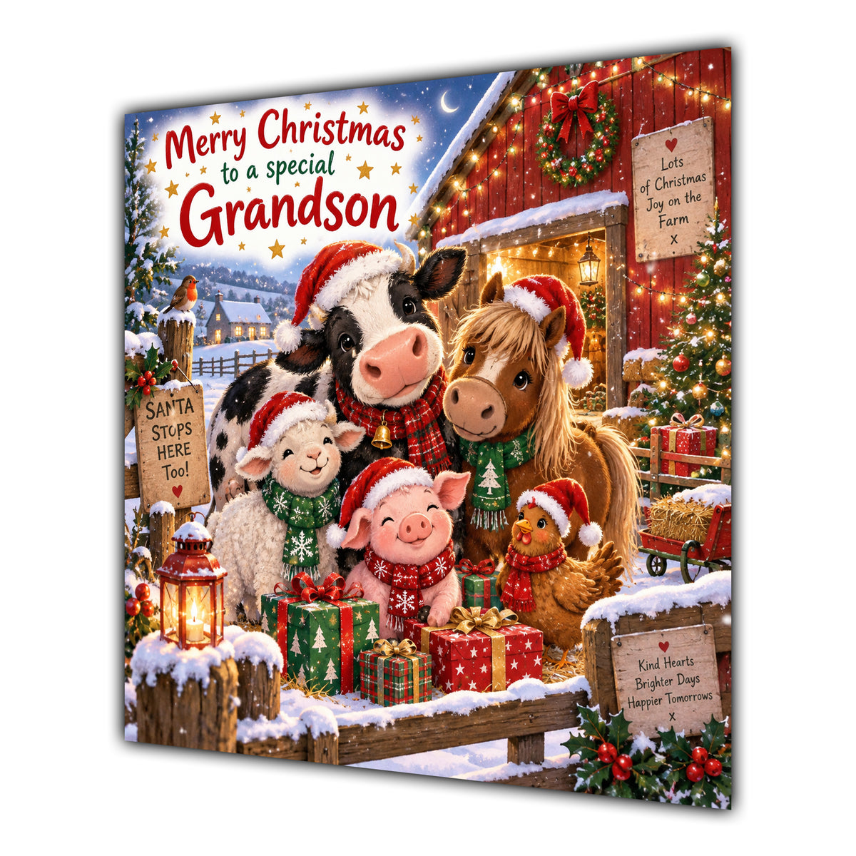 Grandson Christmas Card Cute Farm Animals Snowy Barn and Gifts - unpersonalised 15 cm square matte greeting card