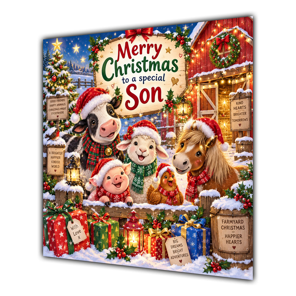 Son Christmas Card Cute Farm Animals Snowy Barn and Gifts - unpersonalised 15 cm square matte greeting card