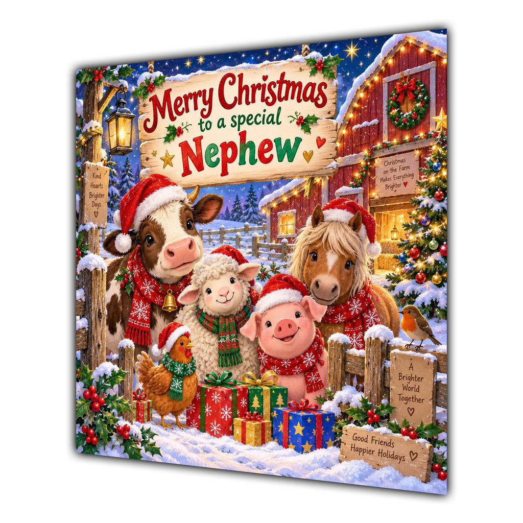 Nephew Christmas Card Cute Farm Animals Snowy Barn and Gifts - unpersonalised 15 cm square matte greeting card