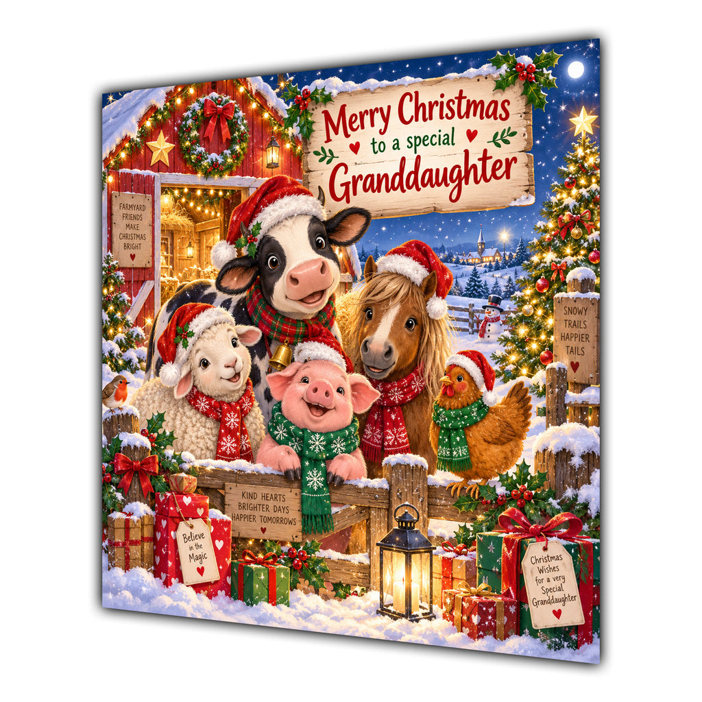 Granddaughter Christmas Card Cute Farm Animals Snowy Barn and Gifts - unpersonalised 15 cm square matte greeting card