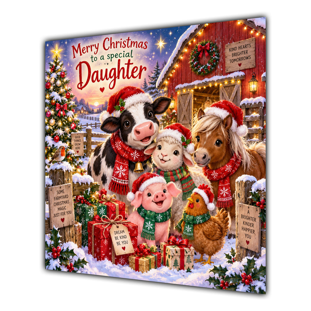 Daughter Christmas Card Cute Farm Animals Snowy Barn and Gifts - unpersonalised 15 cm square matte greeting card
