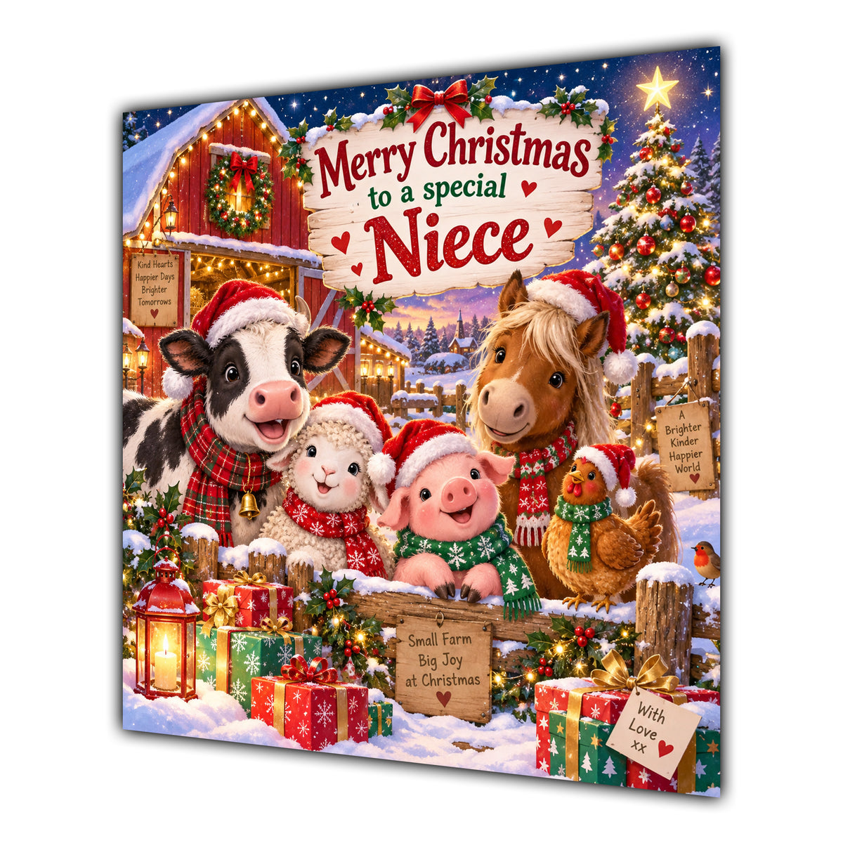 Niece Christmas Card Cute Farm Animals Snowy Barn and Gifts - unpersonalised 15 cm square matte greeting card