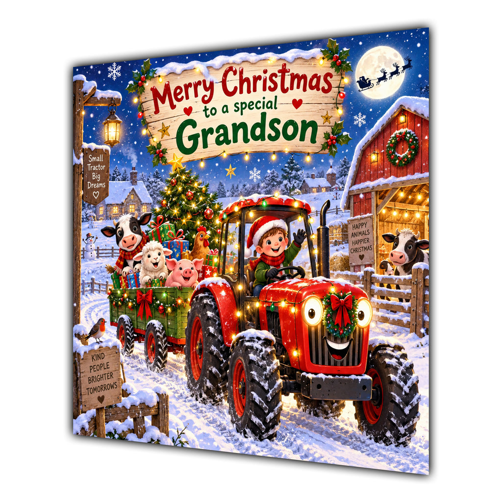 Grandson Christmas Card Red Tractor Farm Animals Snowy Farm - unpersonalised 15 cm square matte greeting card