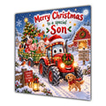 Son Christmas Card Red Tractor Farm Animals Snowy Farm - unpersonalised 15 cm square matte greeting card