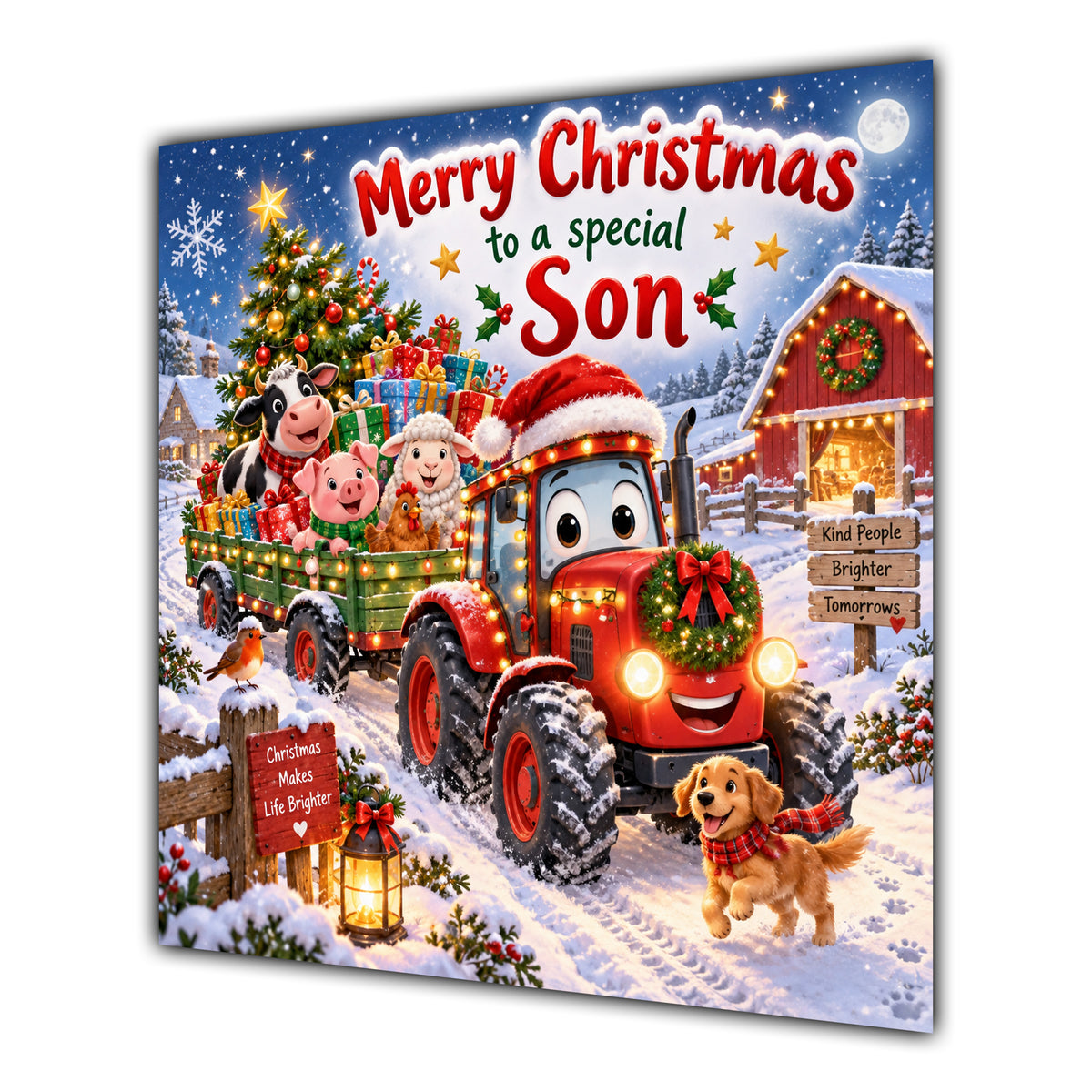 Son Christmas Card Red Tractor Farm Animals Snowy Farm - unpersonalised 15 cm square matte greeting card
