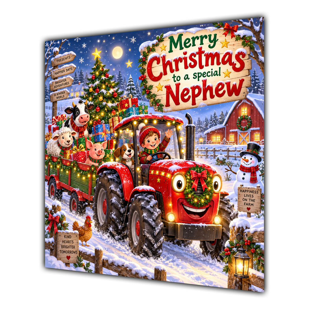 Nephew Christmas Card Red Tractor Farm Animals Snowy Farm - unpersonalised 15 cm square matte greeting card
