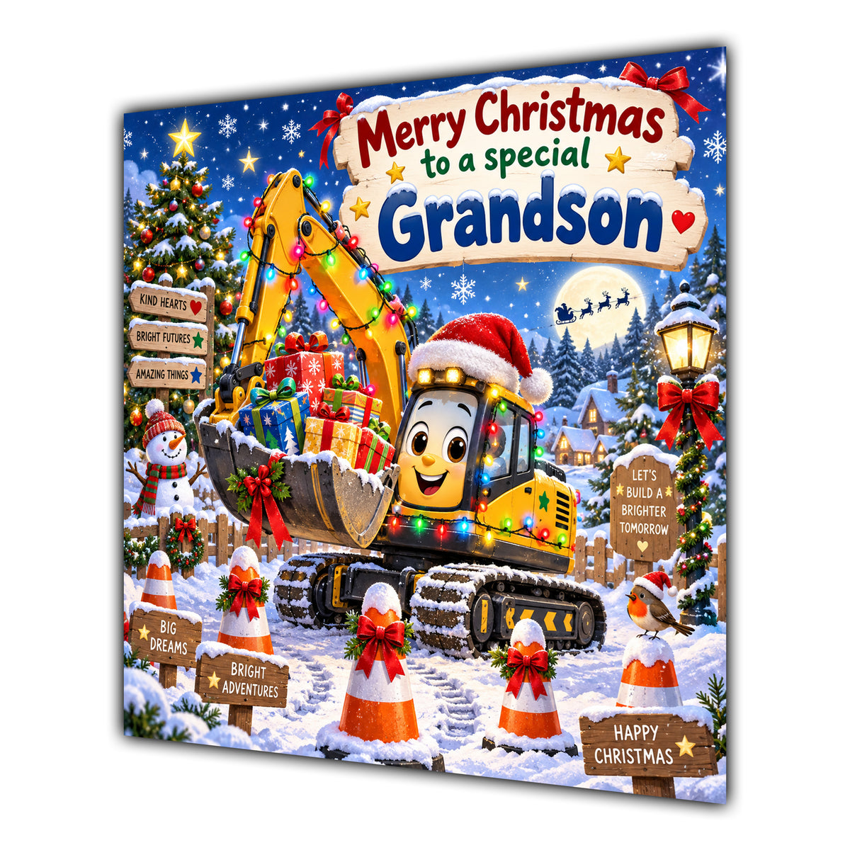 Grandson Christmas Card Yellow Digger Christmas Gifts Snowy Scene - unpersonalised 15 cm square matte greeting card