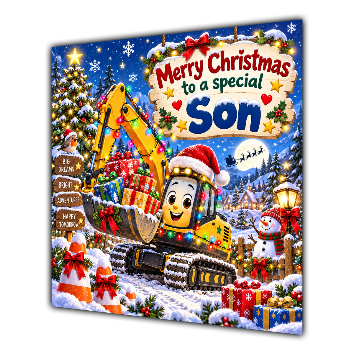 Son Christmas Card Yellow Digger Christmas Gifts Snowy Scene - unpersonalised 15 cm square matte greeting card