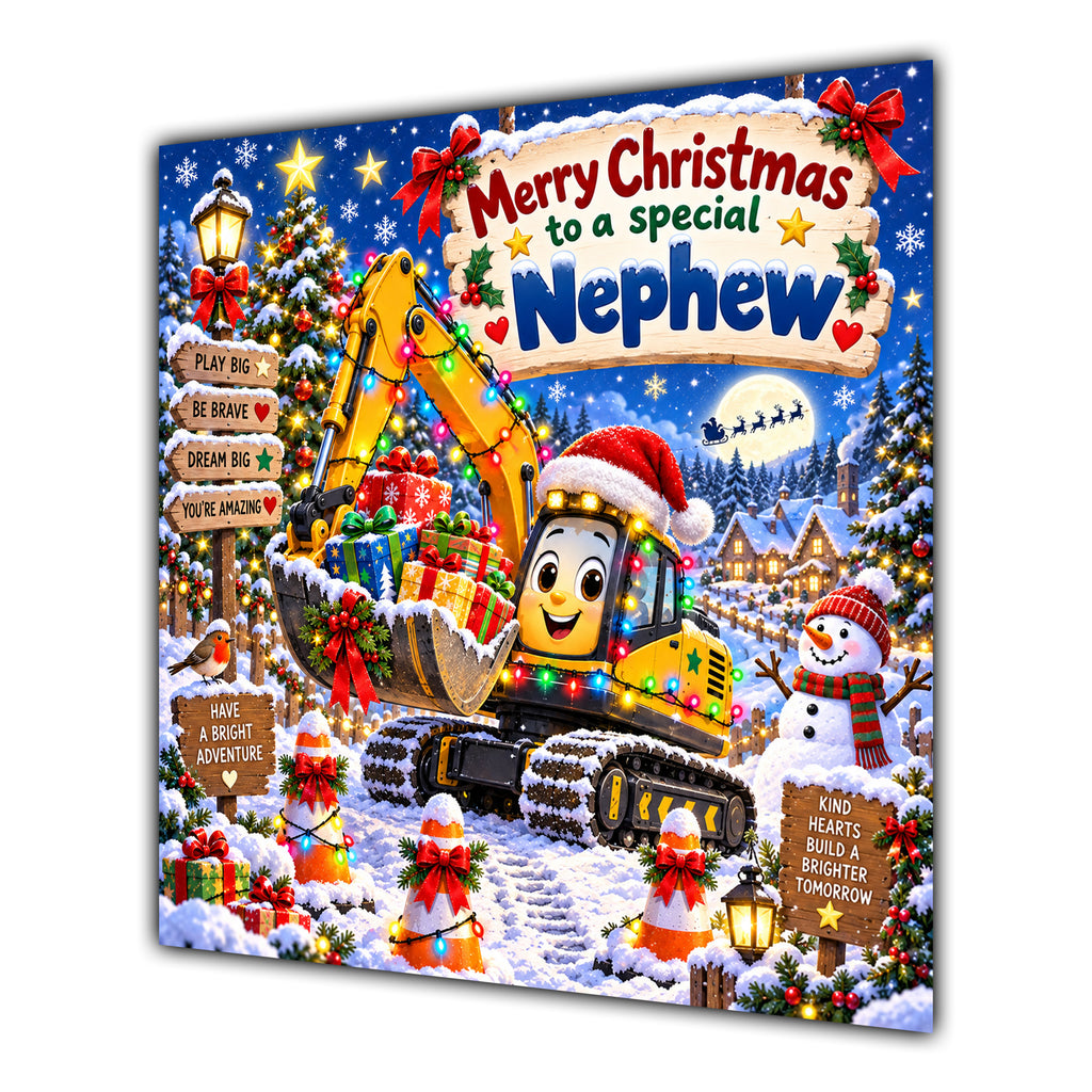 Nephew Christmas Card Yellow Digger Christmas Gifts Snowy Scene - unpersonalised 15 cm square matte greeting card