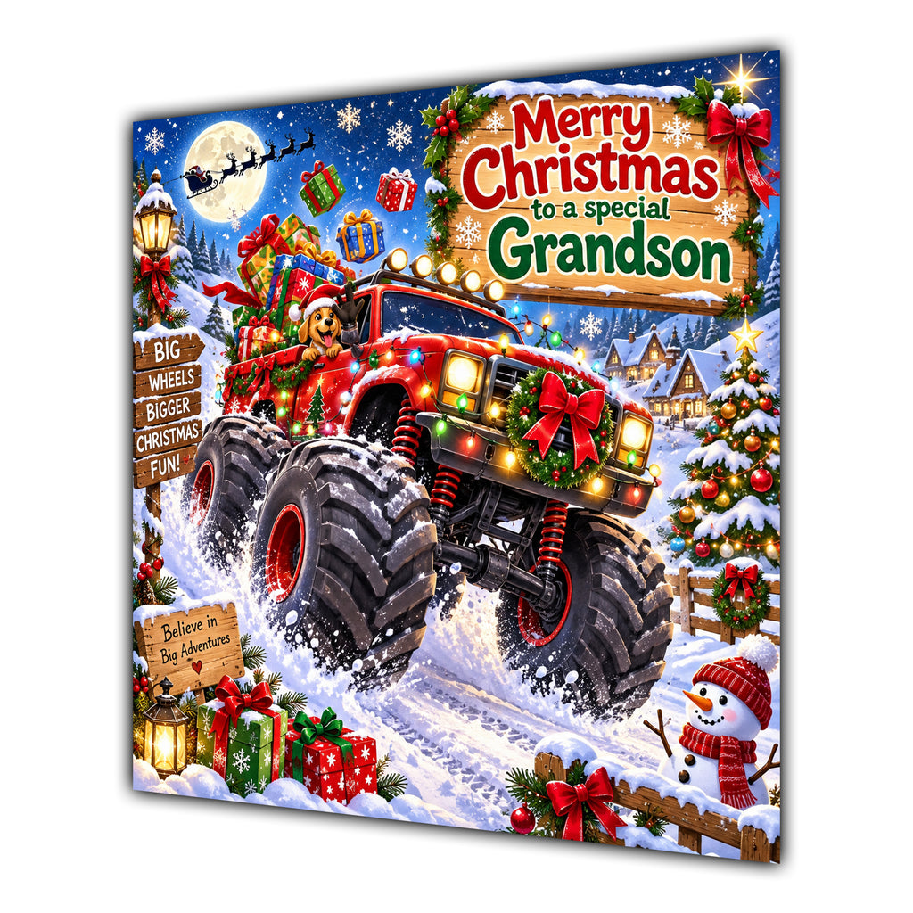 Grandson Christmas Card Monster Truck Christmas Gifts Snowy Scene - unpersonalised 15 cm square matte greeting card