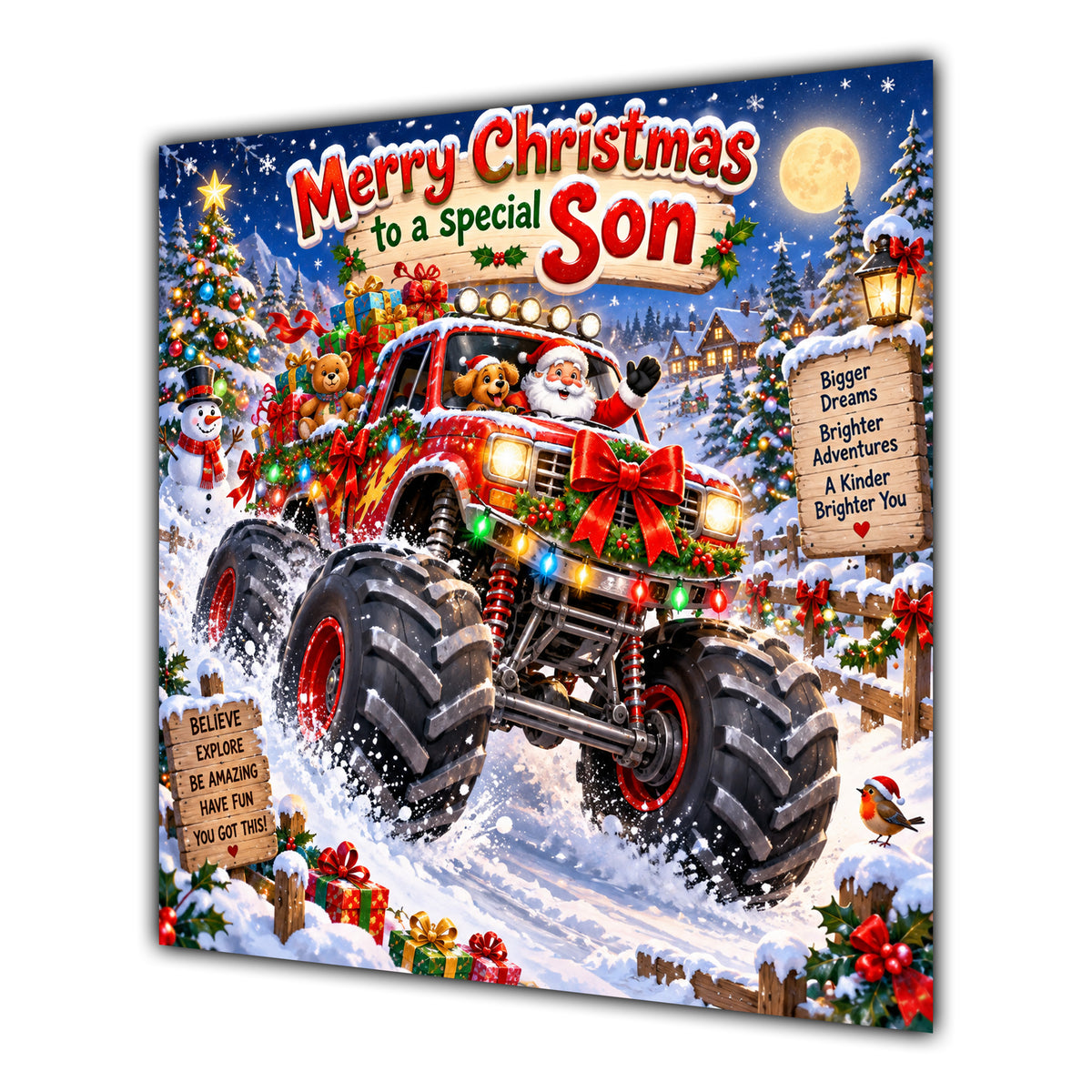 Son Christmas Card Monster Truck Christmas Gifts Snowy Scene - unpersonalised 15 cm square matte greeting card