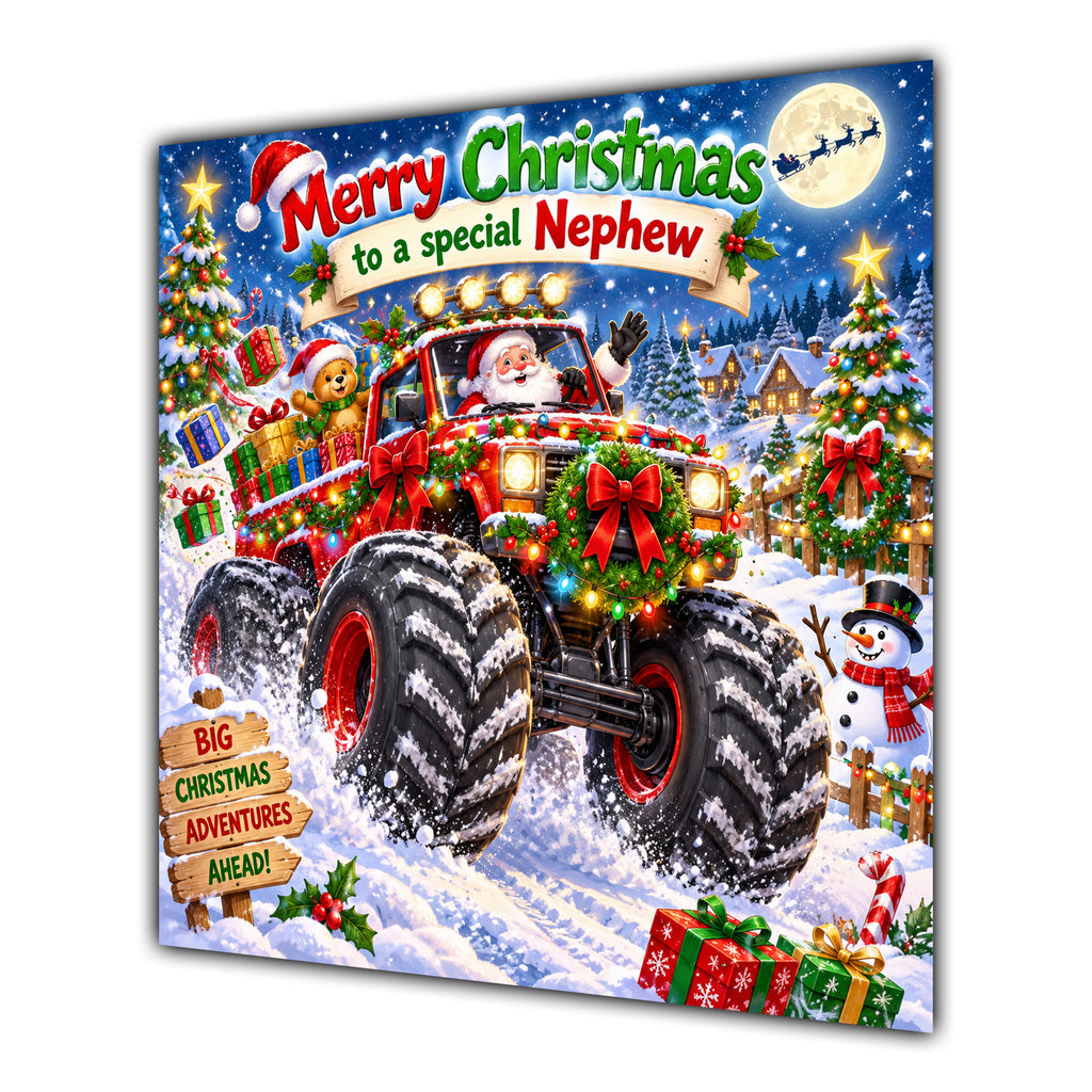 Nephew Christmas Card Monster Truck Christmas Gifts Snowy Scene - unpersonalised 15 cm square matte greeting card