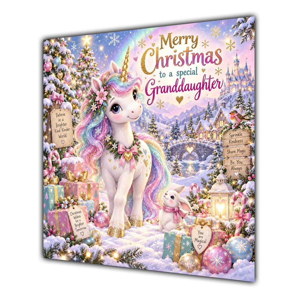 Granddaughter Christmas Card Pastel Unicorn Christmas Gifts Snowy Village - unpersonalised 15 cm square matte greeting card