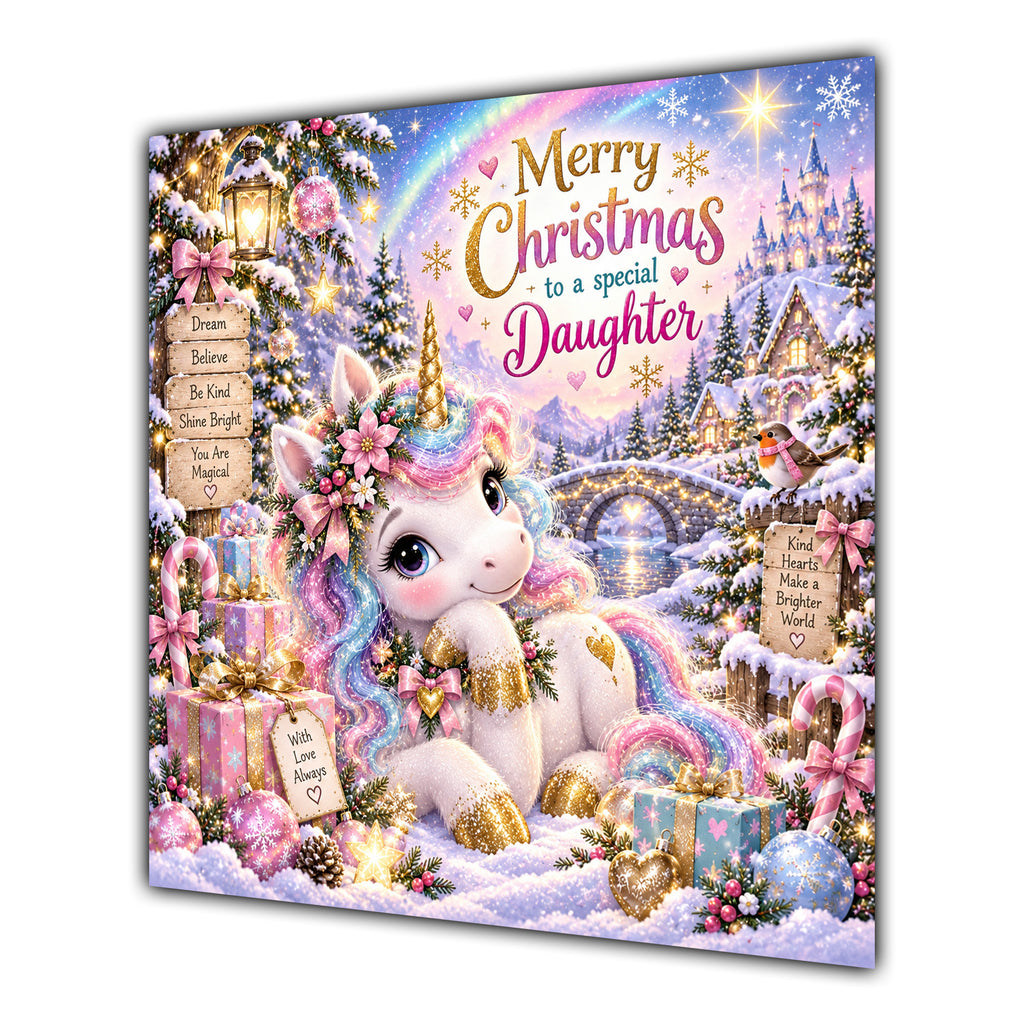 Daughter Christmas Card Pastel Unicorn Christmas Gifts Snowy Village - unpersonalised 15 cm square matte greeting card