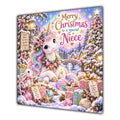 Niece Christmas Card Pastel Unicorn Christmas Gifts Snowy Village - unpersonalised 15 cm square matte greeting card