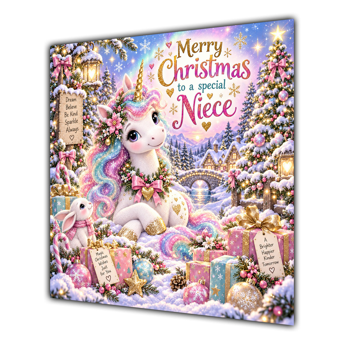 Niece Christmas Card Pastel Unicorn Christmas Gifts Snowy Village - unpersonalised 15 cm square matte greeting card