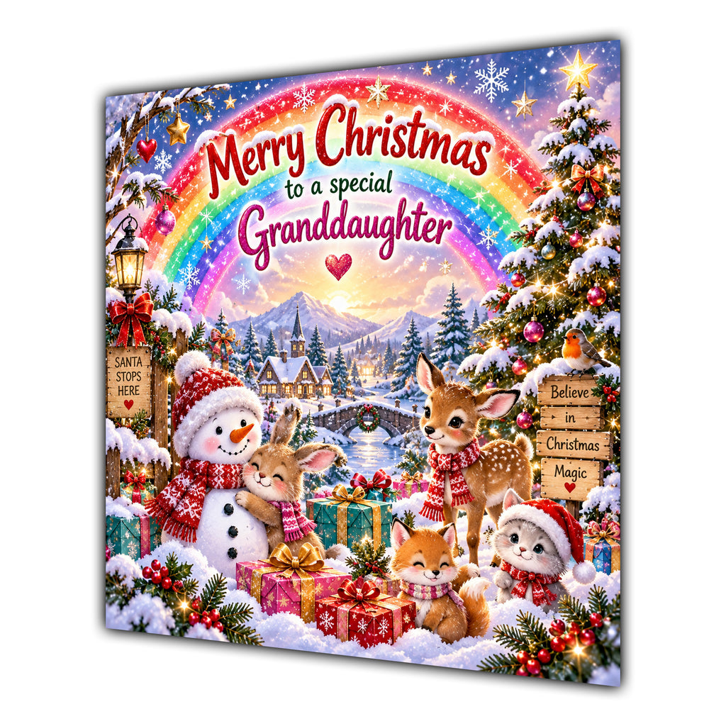 Granddaughter Christmas Card Rainbow Snowman Woodland Animals Gifts - unpersonalised 15 cm square matte greeting card