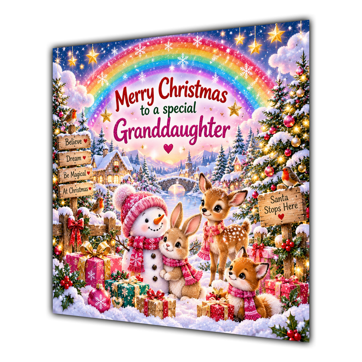 Granddaughter Christmas Card Rainbow Snowman Woodland Animals Gifts - unpersonalised 15 cm square matte greeting card