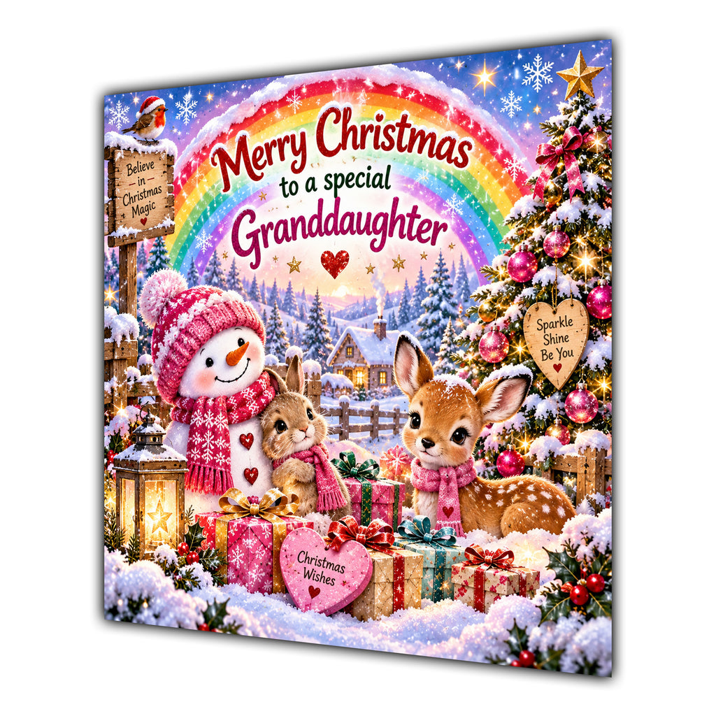 Granddaughter Christmas Card Rainbow Snowman Woodland Animals Gifts - unpersonalised 15 cm square matte greeting card