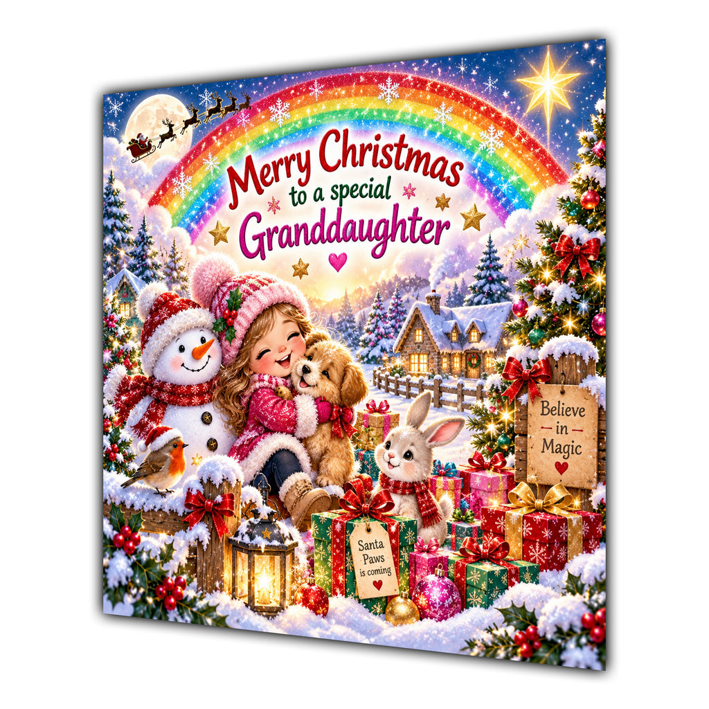 Granddaughter Christmas Card Rainbow Snowman Woodland Animals Gifts - unpersonalised 15 cm square matte greeting card