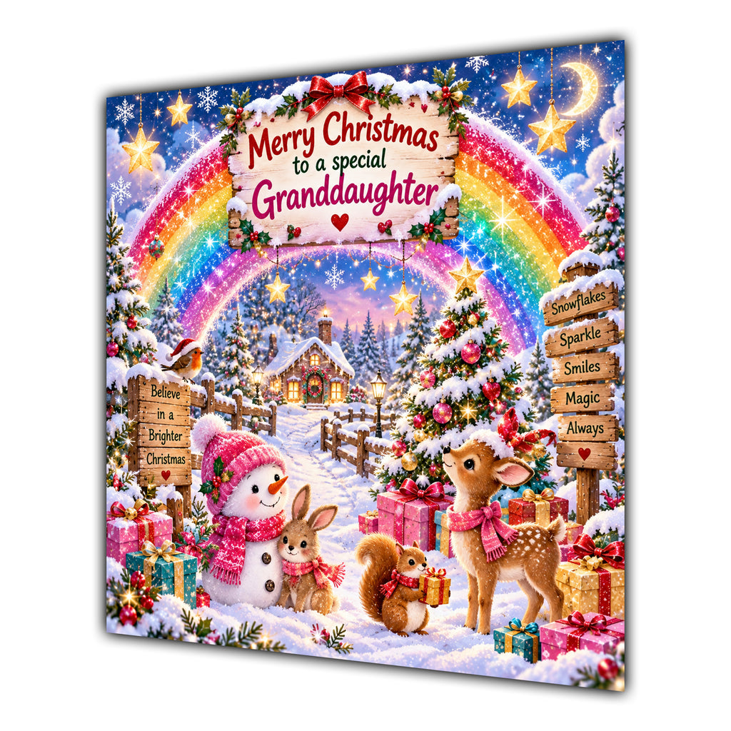 Granddaughter Christmas Card Rainbow Snowman Woodland Animals Gifts - unpersonalised 15 cm square matte greeting card