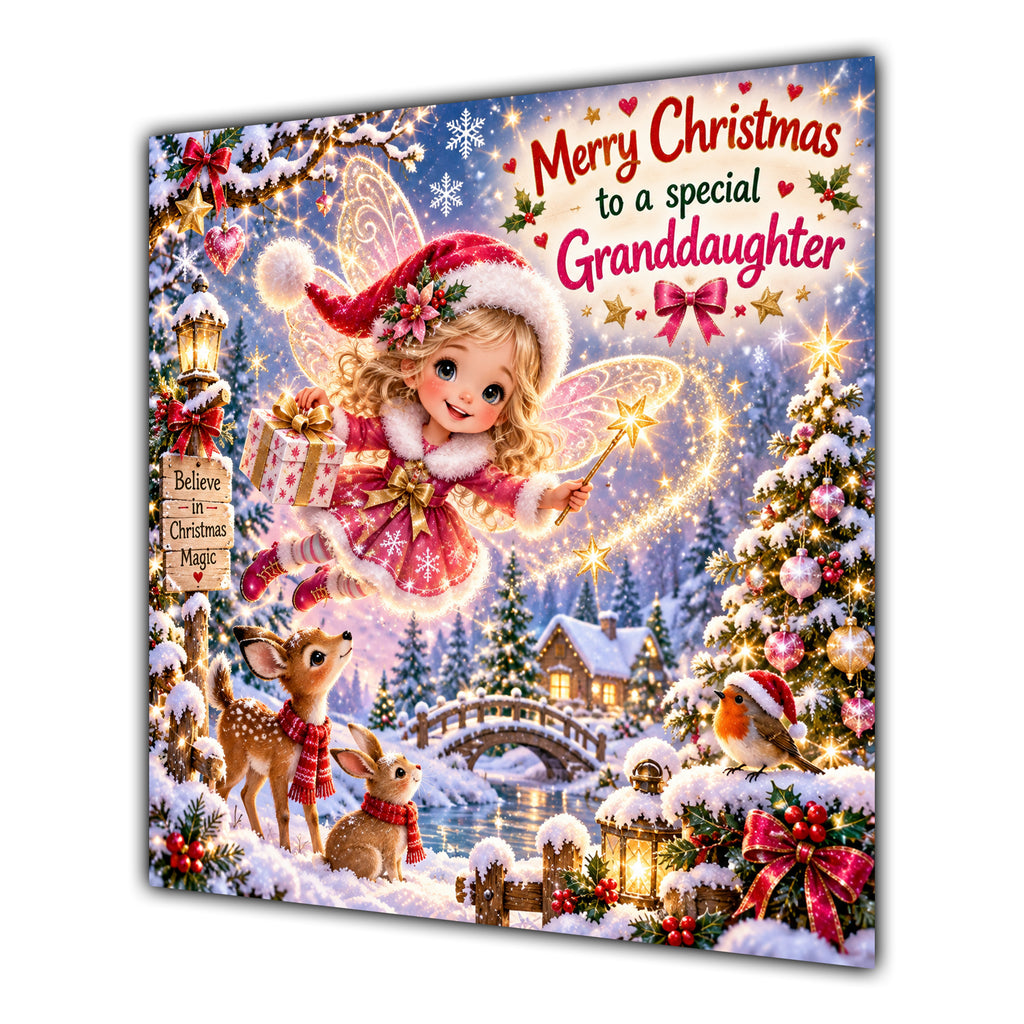 Granddaughter Christmas Card Christmas Fairy Woodland Animals Snowy Village - unpersonalised 15 cm square matte greeting card