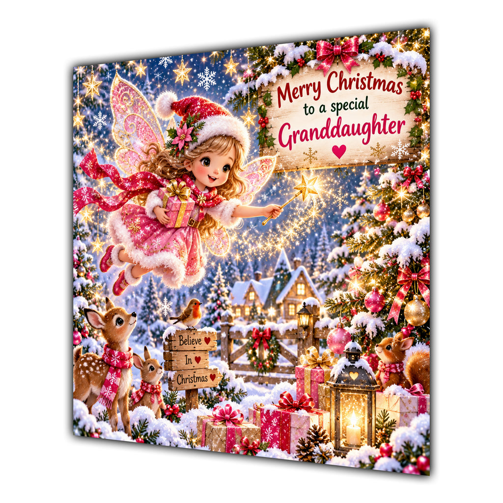 Granddaughter Christmas Card Christmas Fairy Woodland Animals Snowy Village - unpersonalised 15 cm square matte greeting card
