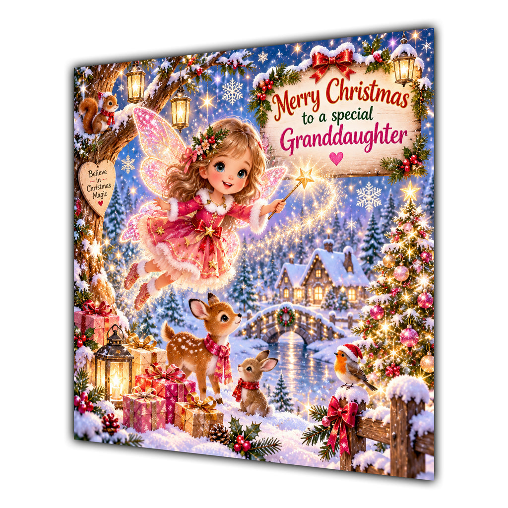 Granddaughter Christmas Card Christmas Fairy Woodland Animals Snowy Village - unpersonalised 15 cm square matte greeting card