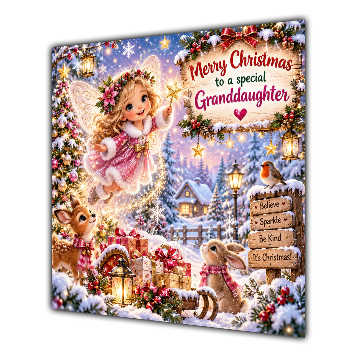 Granddaughter Christmas Card Christmas Fairy Woodland Animals Snowy Village - unpersonalised 15 cm square matte greeting card