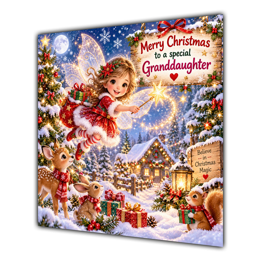 Granddaughter Christmas Card Christmas Fairy Woodland Animals Snowy Village - unpersonalised 15 cm square matte greeting card