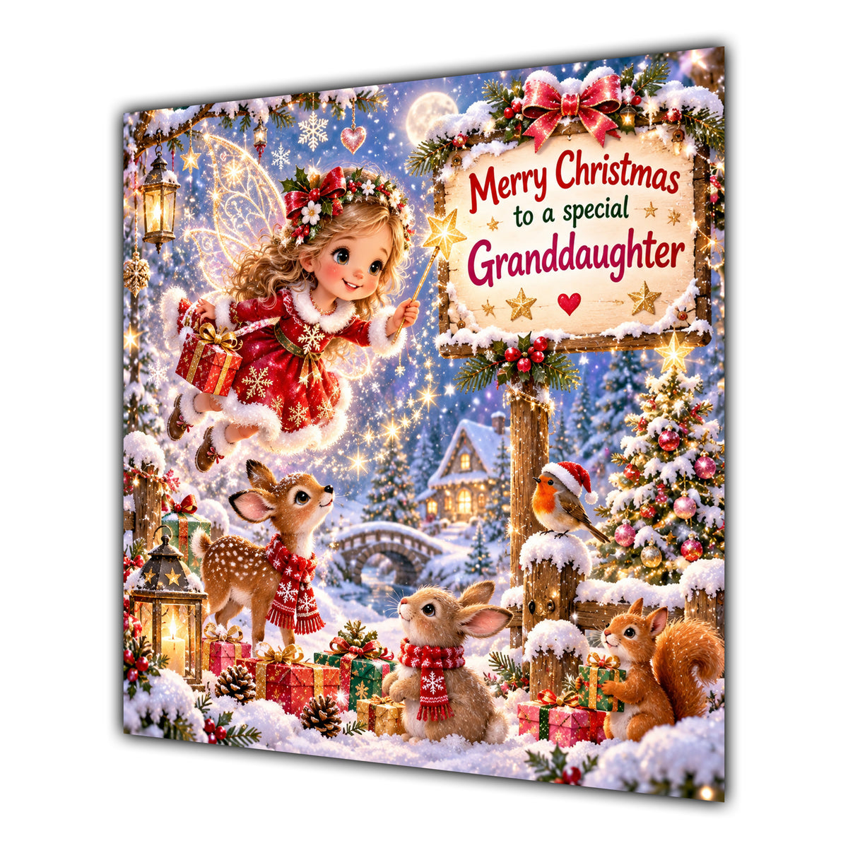 Granddaughter Christmas Card Christmas Fairy Woodland Animals Snowy Village - unpersonalised 15 cm square matte greeting card
