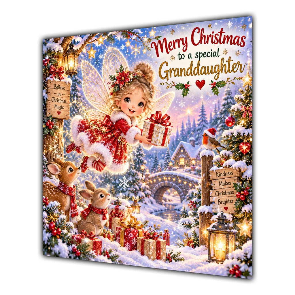 Granddaughter Christmas Card Christmas Fairy Woodland Animals Snowy Village - unpersonalised 15 cm square matte greeting card